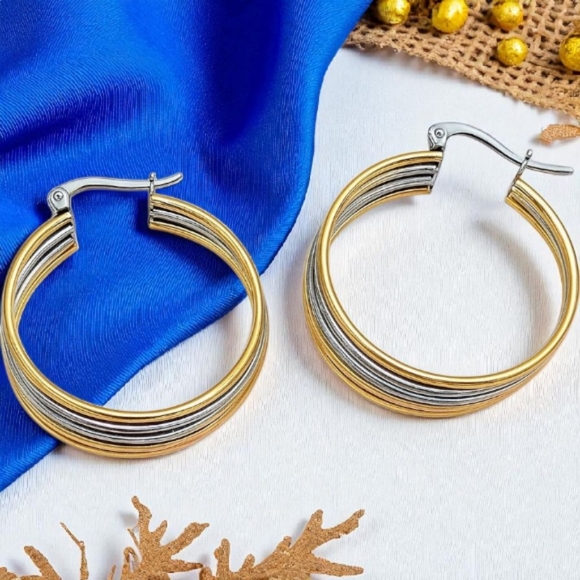 🆕️ Tri-Color 18K Gold Plated Stainless Steel Hoop Earrings Stylish Versatile - Picture 1 of 15